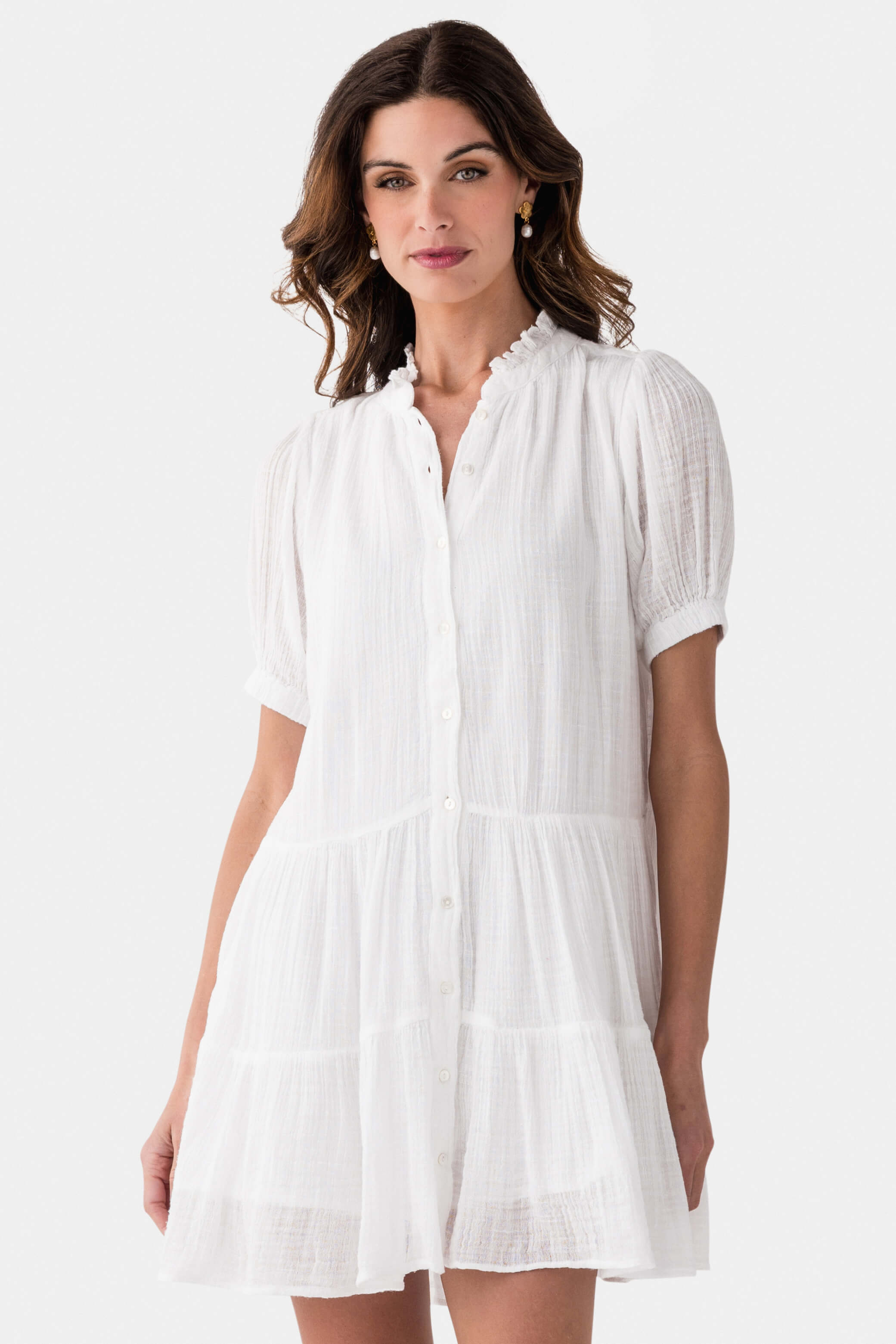 Elan Ruffle Neck Tiered Gauze Dress