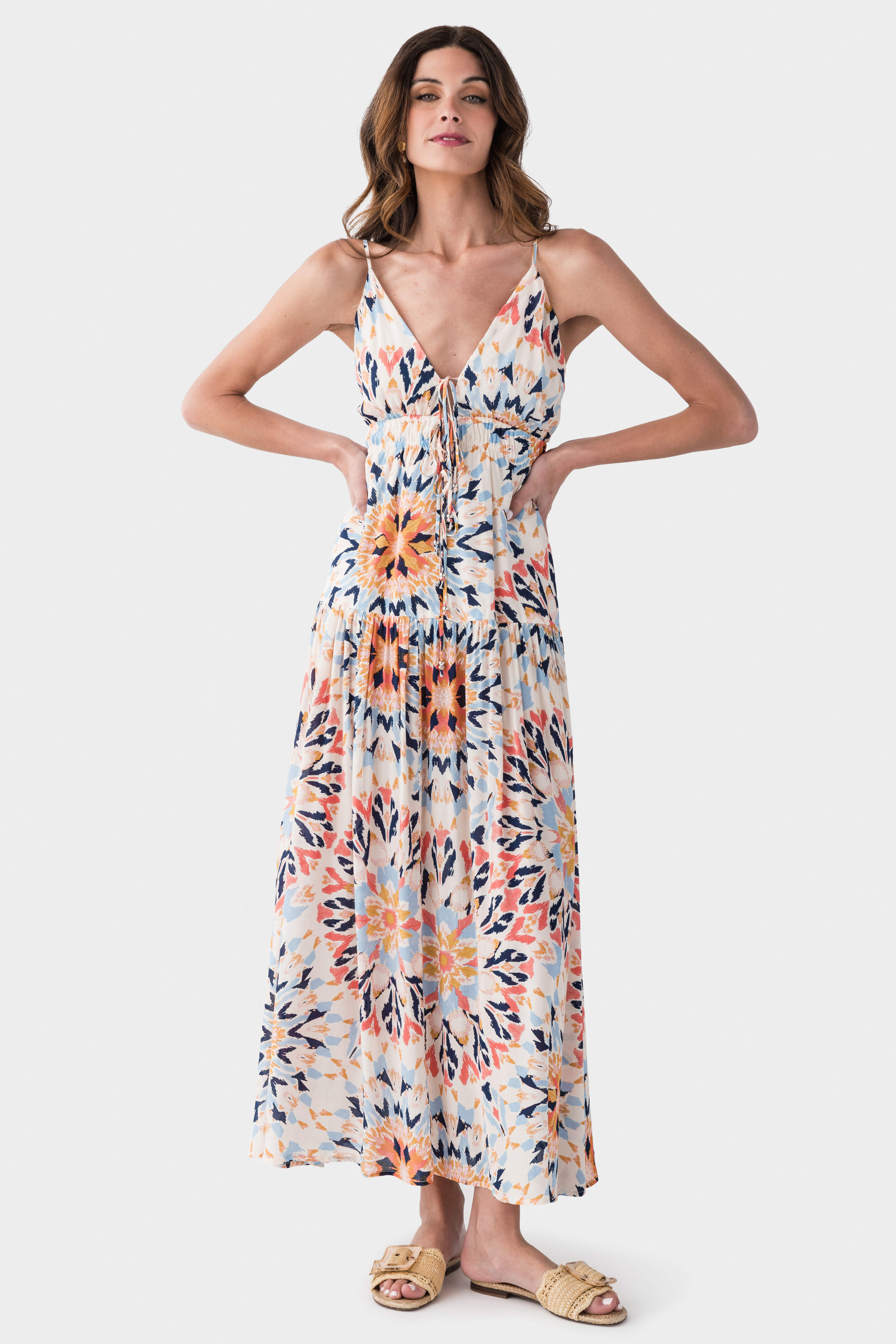 Elan Vneck Spaghetti Strap Printed Maxi Dress