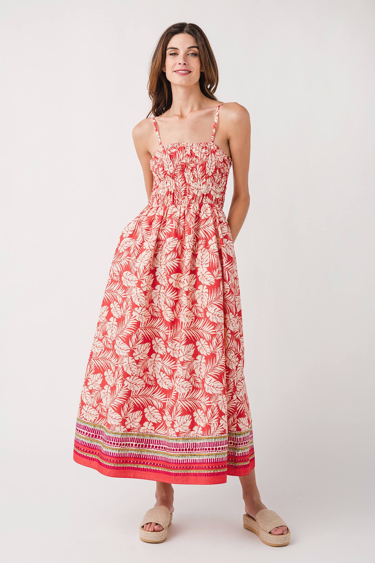 Fate Border Print Smocked Bodice Midi Dress