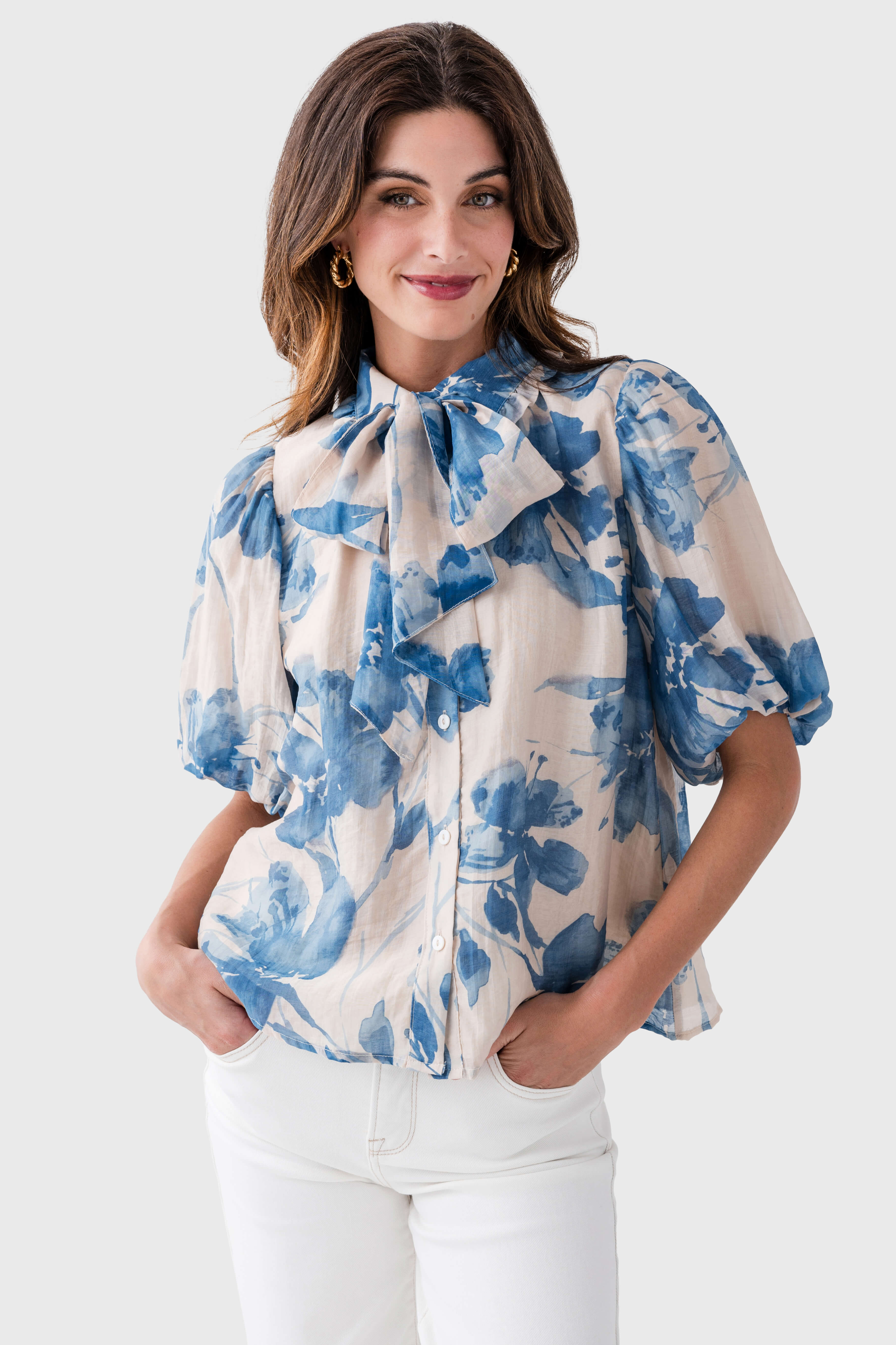 Fate Neck Tie Lantern Sleeve Top