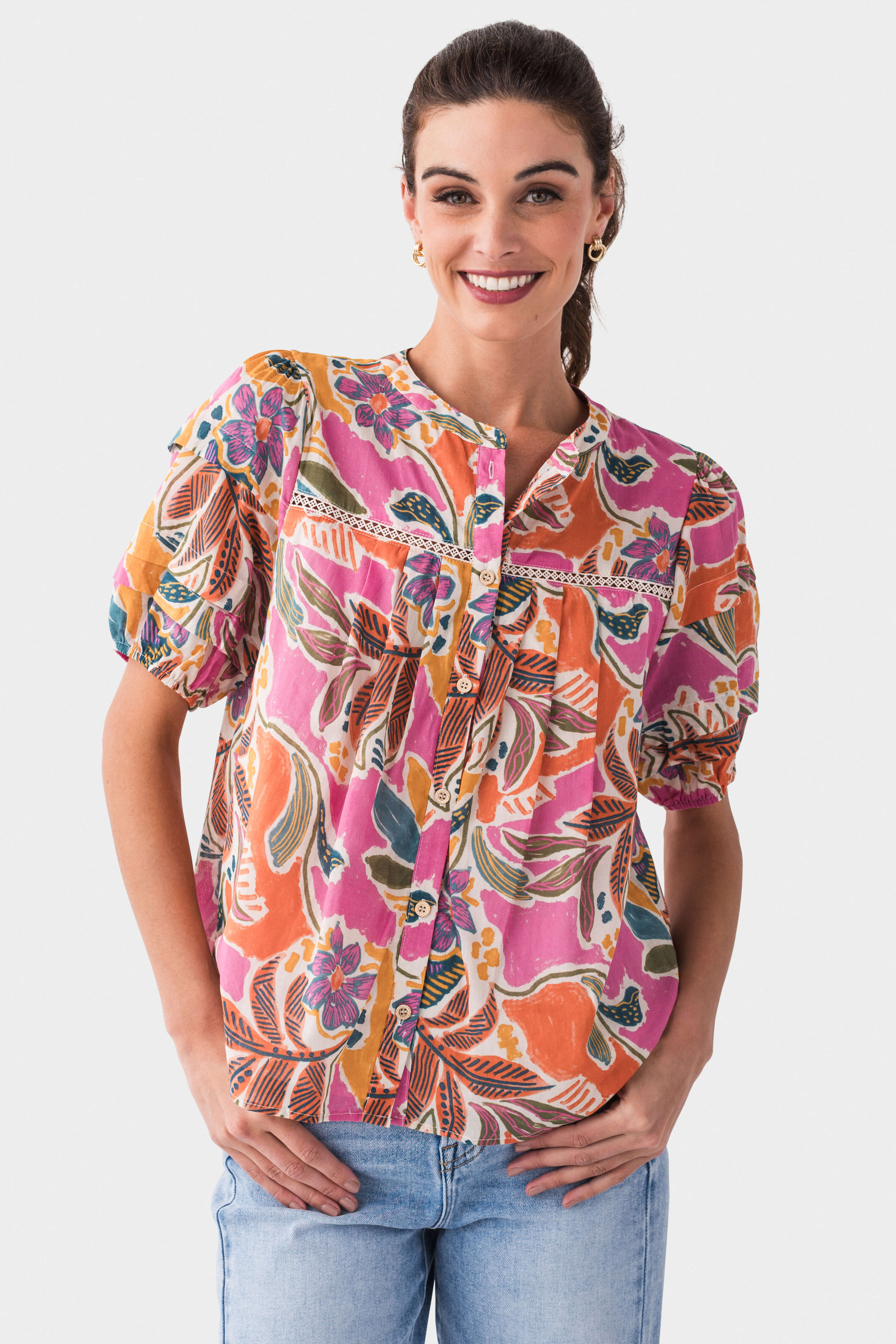 Fate Tuck Detail Lace Insert Short Sleeve Blouse