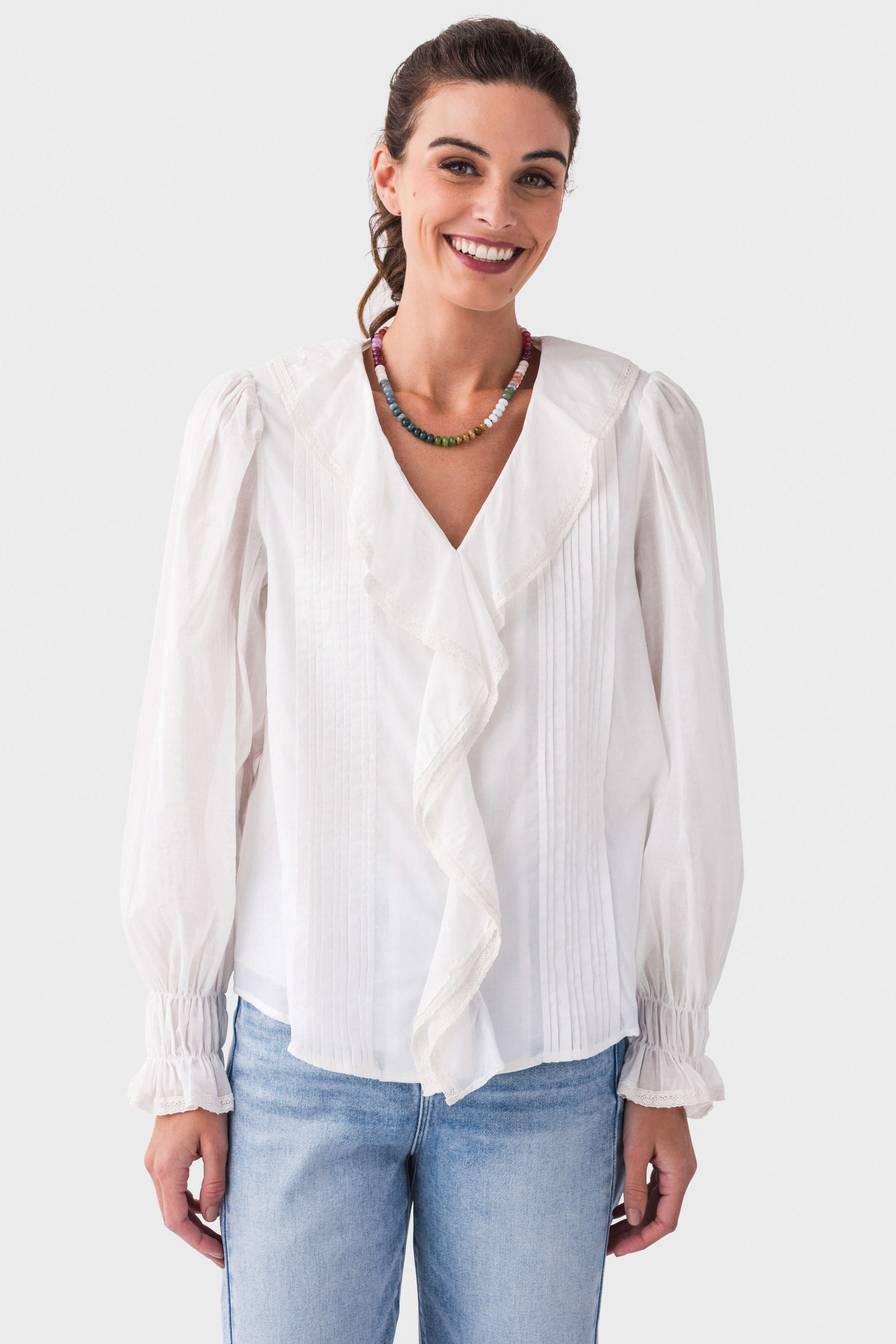 Fate Tuck Detail Ruffled V-Neck Blouse