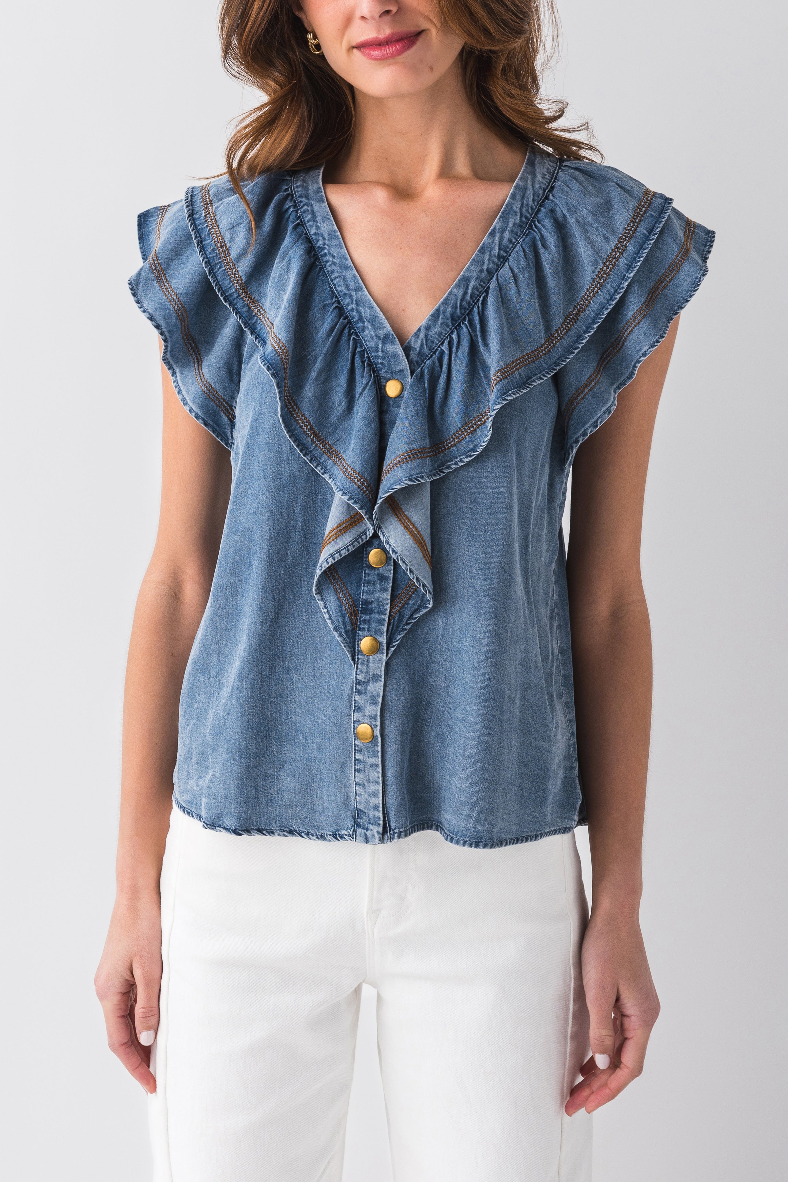 Fate Vneck Top with Ruffle Trim Overlay