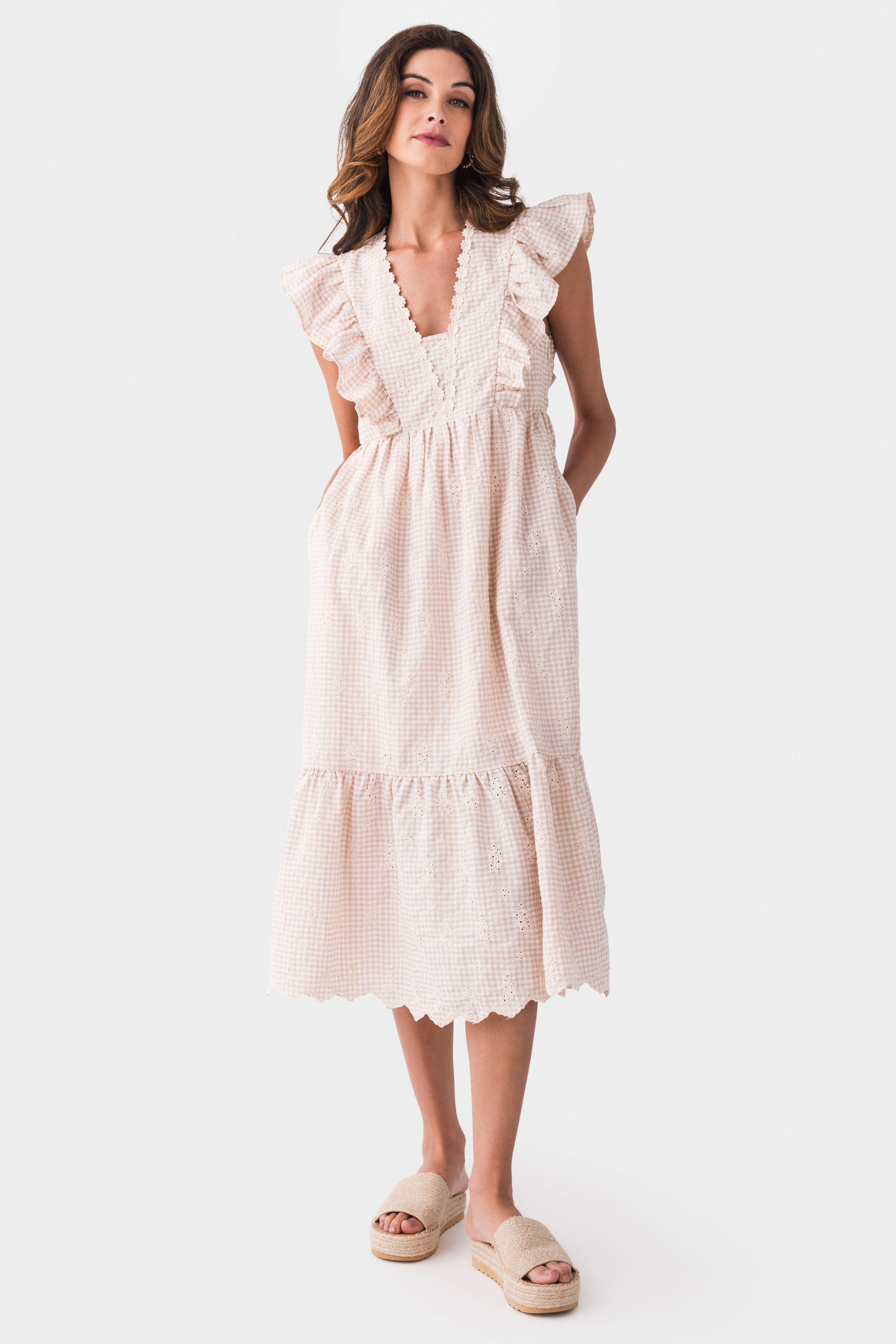 Gigio Gingham Print With Floral Embroidery Midi Dress