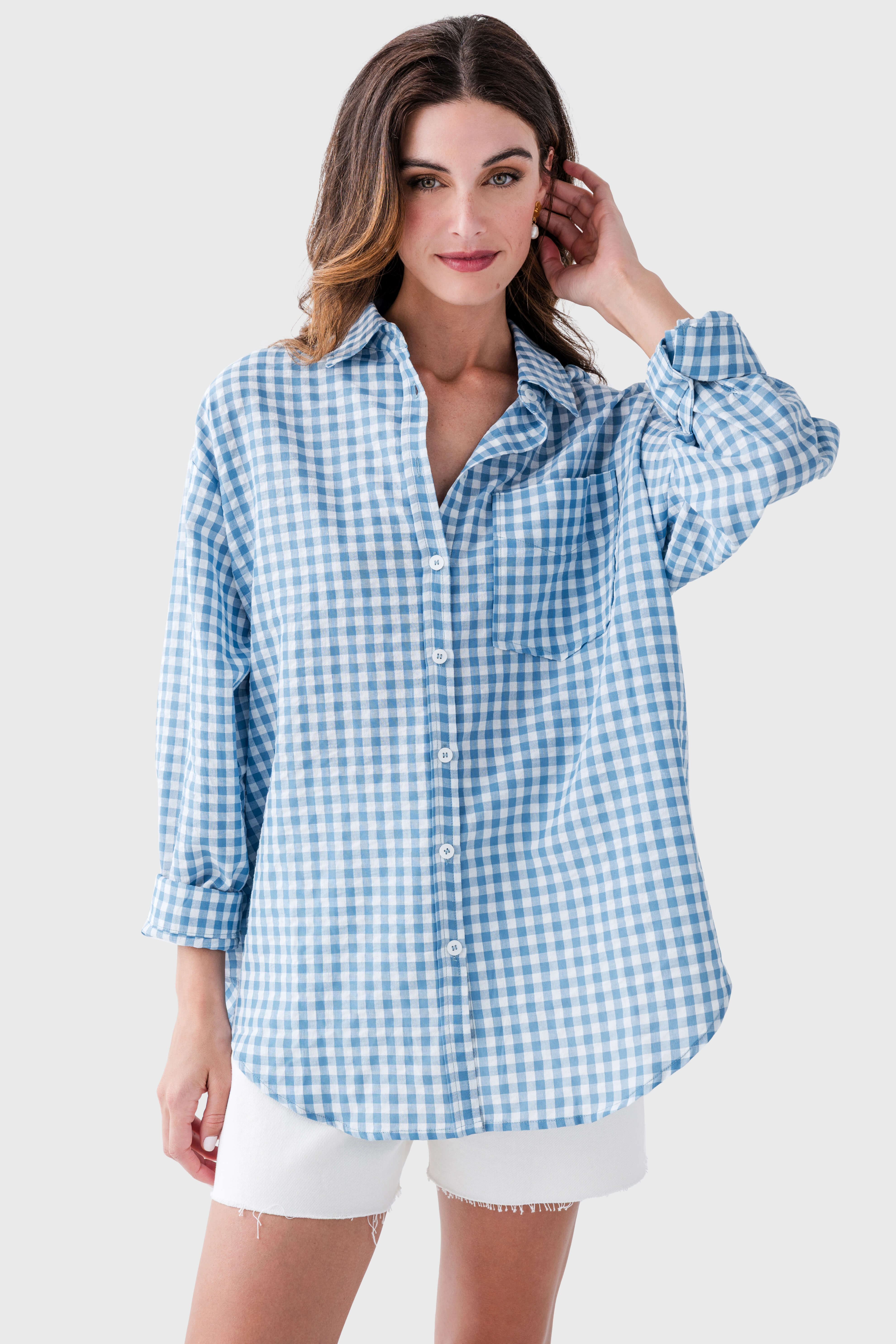 Gingham Print Oversized Button-down Top