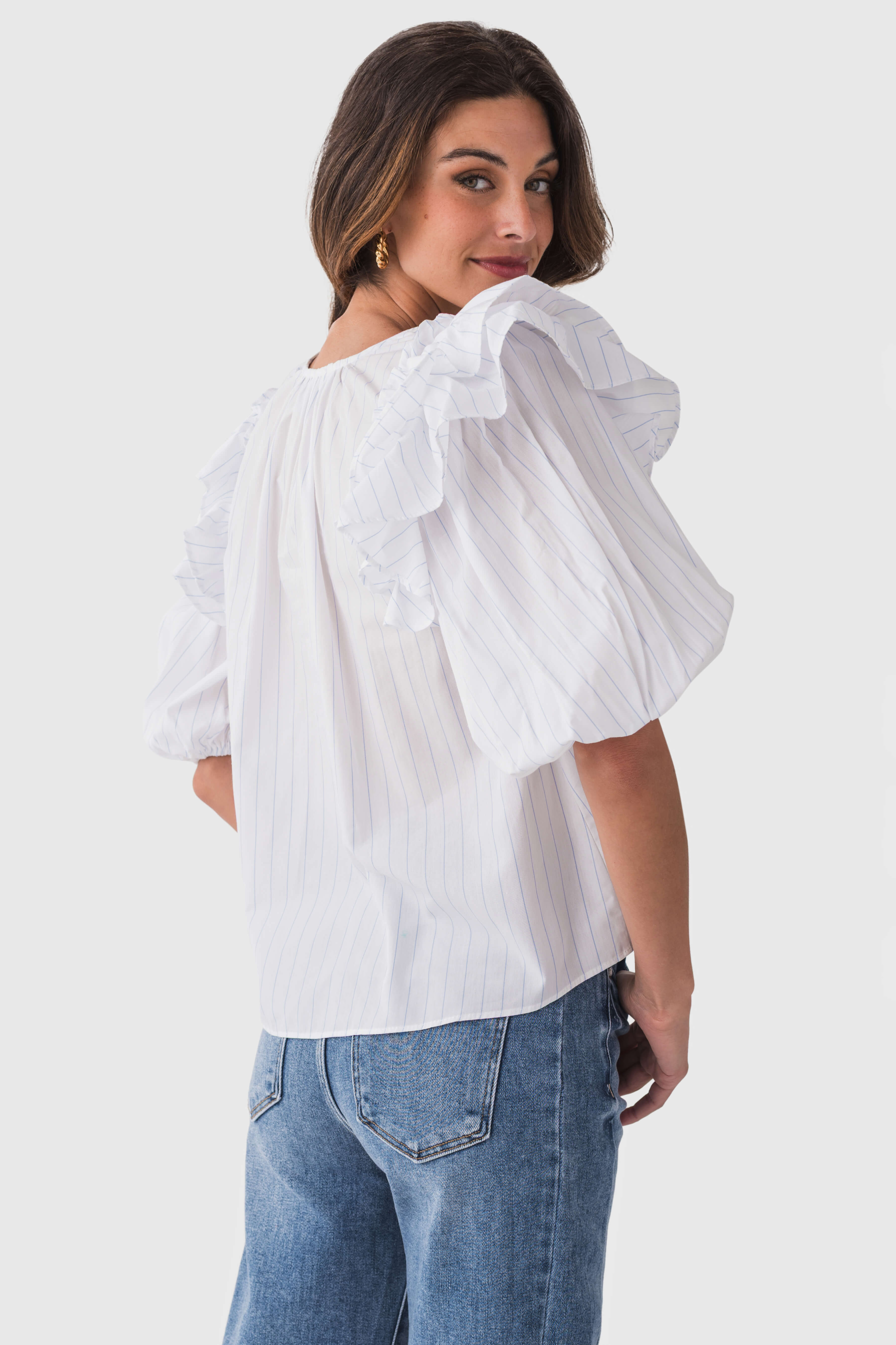 Mable Stripe Ruffle Shoulder Puff Sleeve Blouse