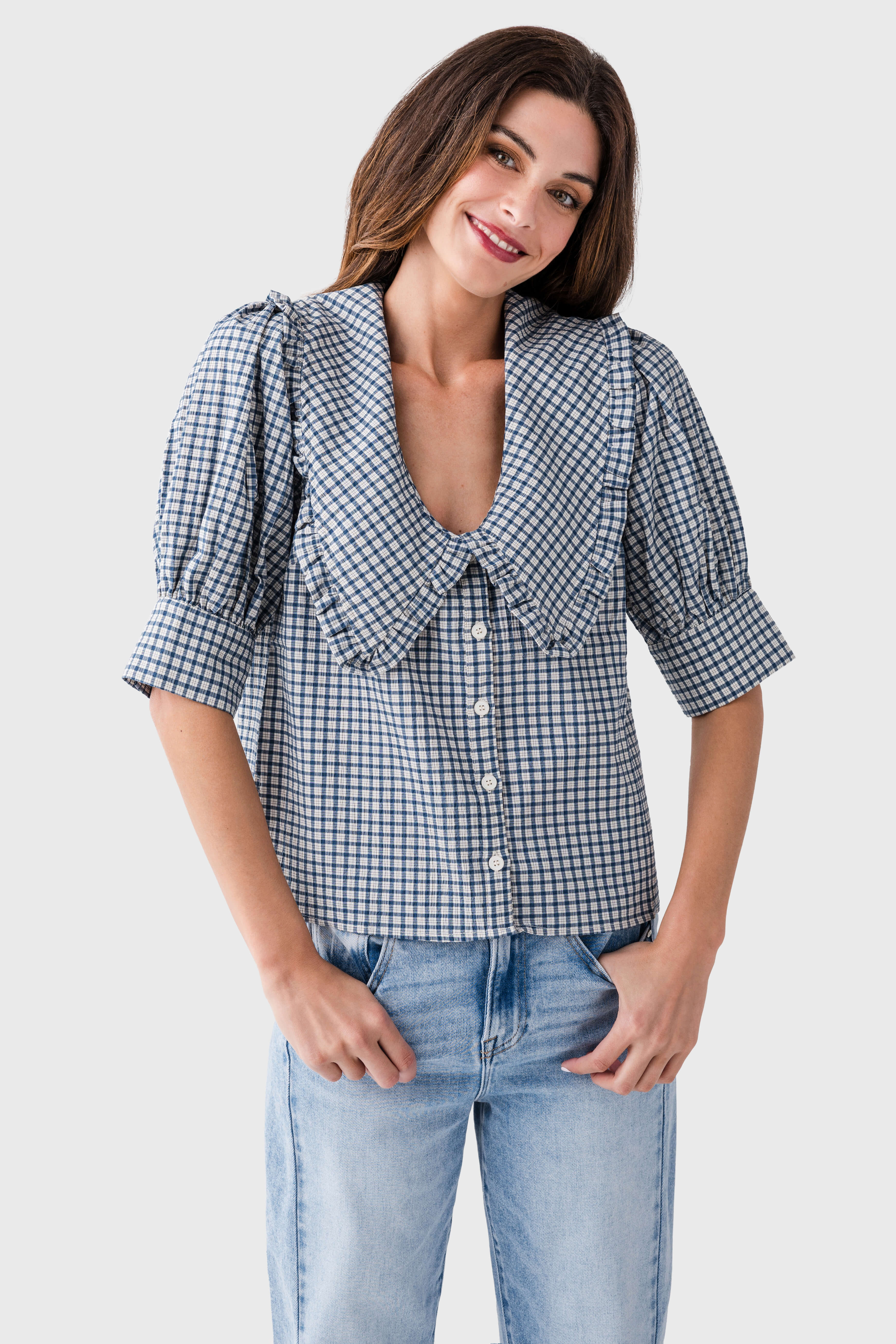 Mimosa Plaid Pointed Collar Top