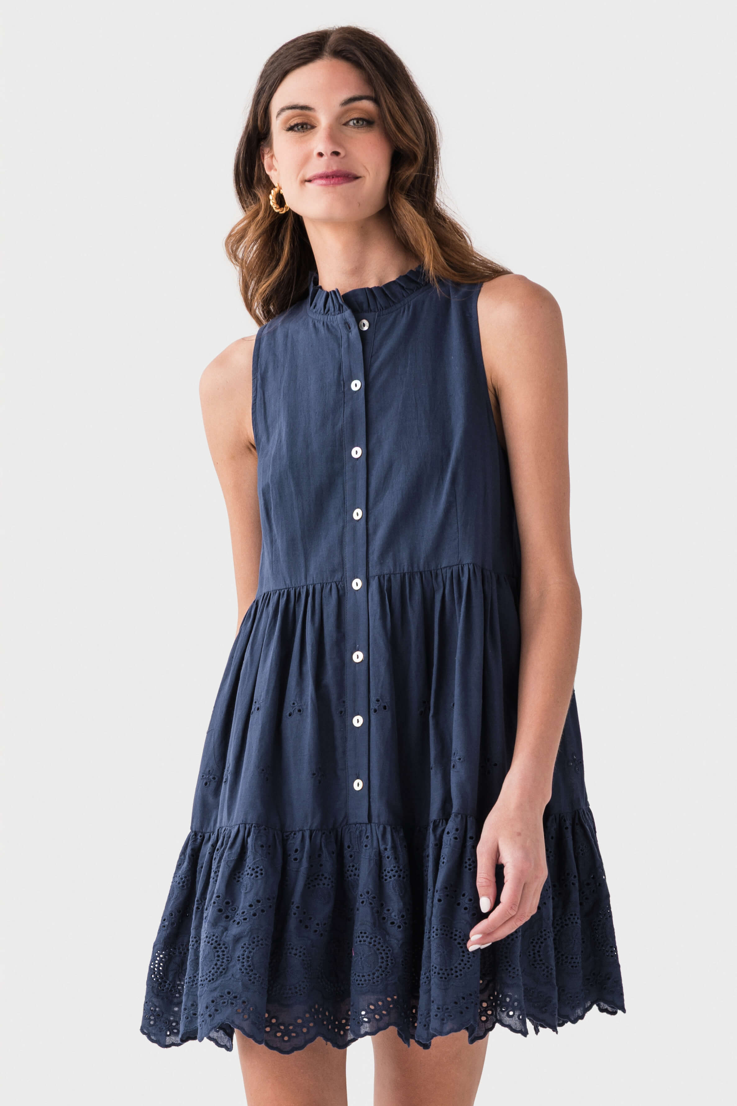 Pinch Eyelet Detail Button Down Mini Dress