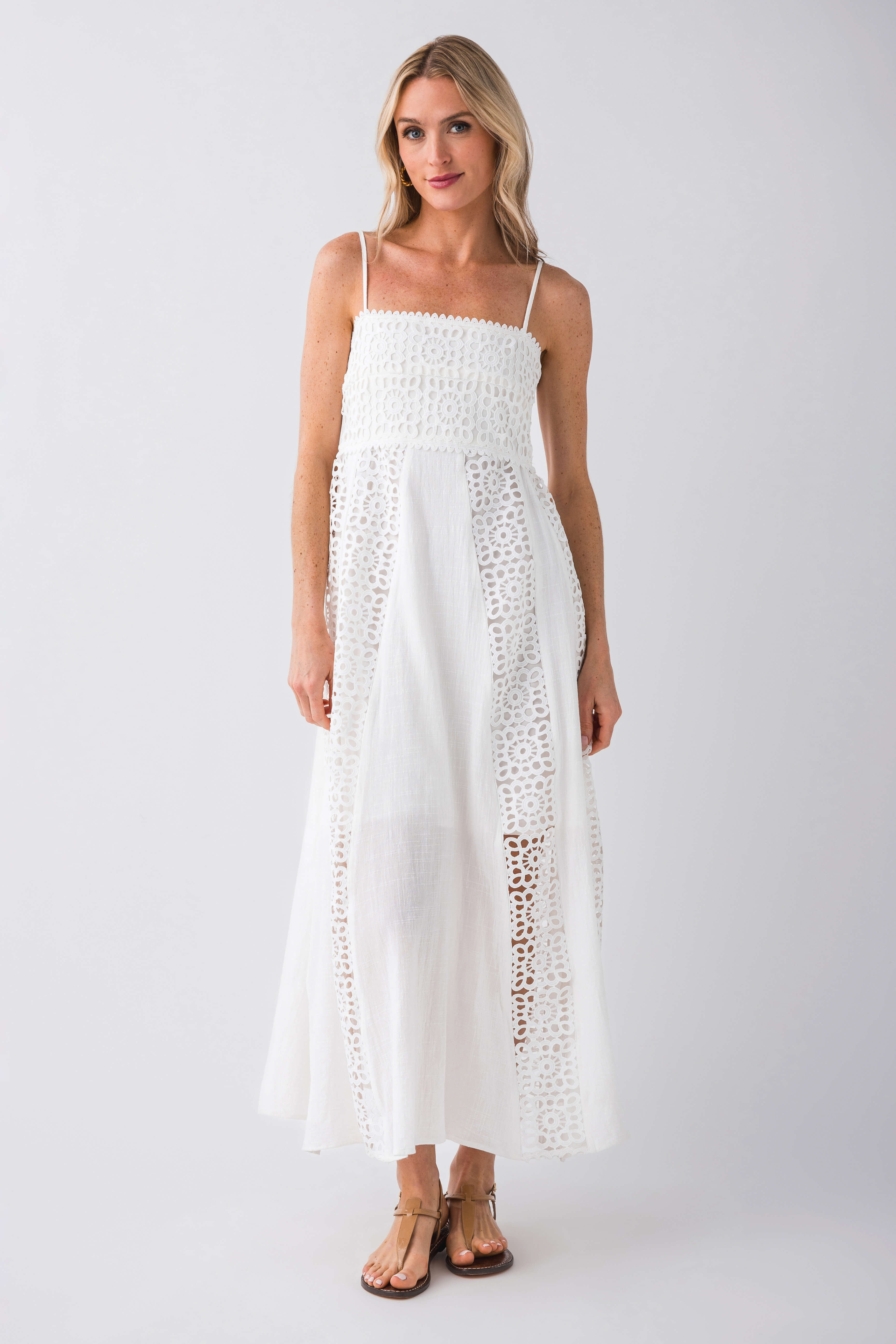 Promesa Crochet Lace and Crepe Paneled Maxi Dress