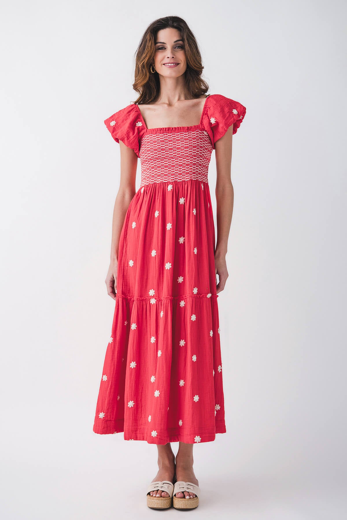 RD Style Francesca Embroidered Short Sleeve Shirred Dress
