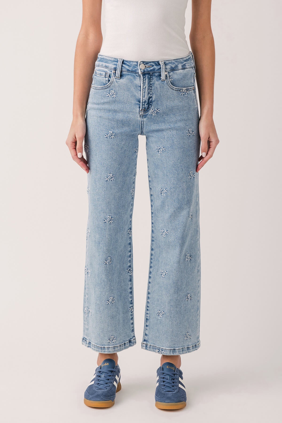 Risen Daisy High Rise Embroidered Crop Wide Leg Jeans
