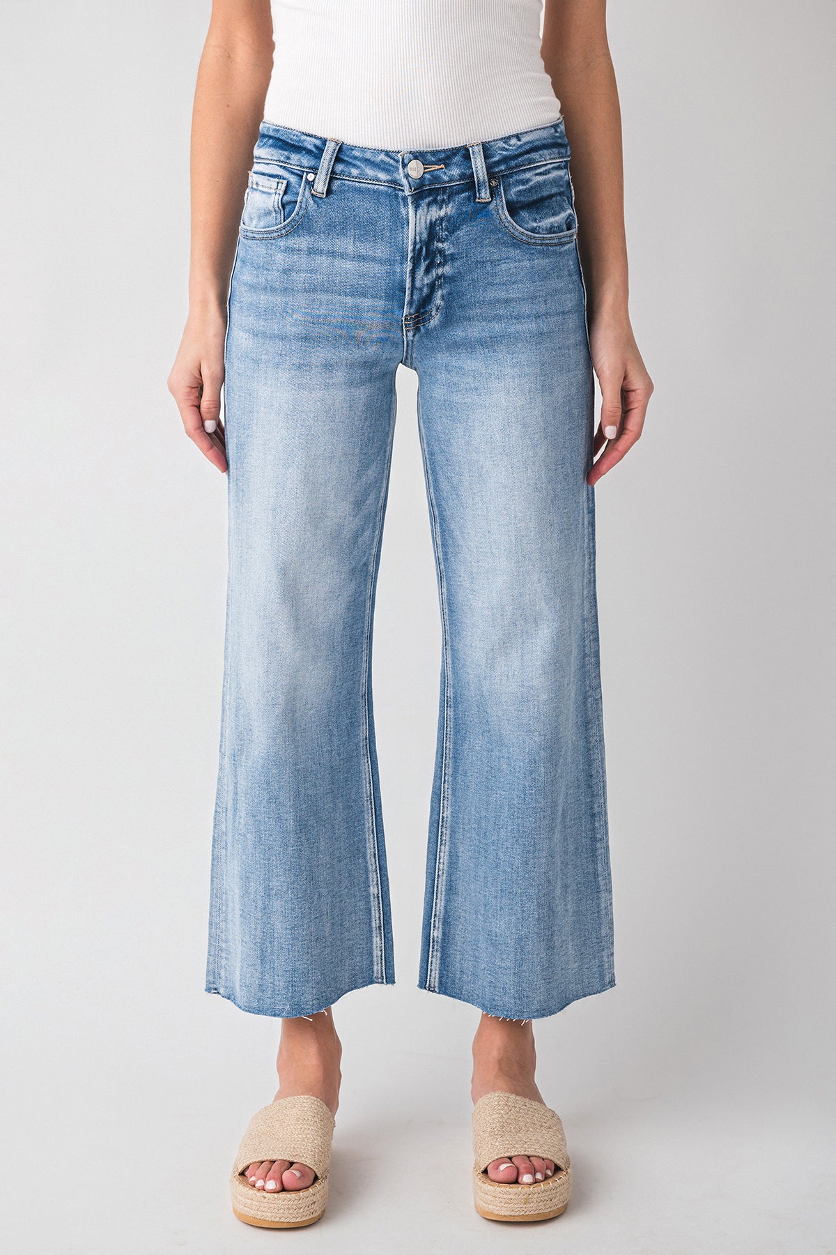 Risen Jenny High Rise Raw Hem Crop Wide Leg Jeans
