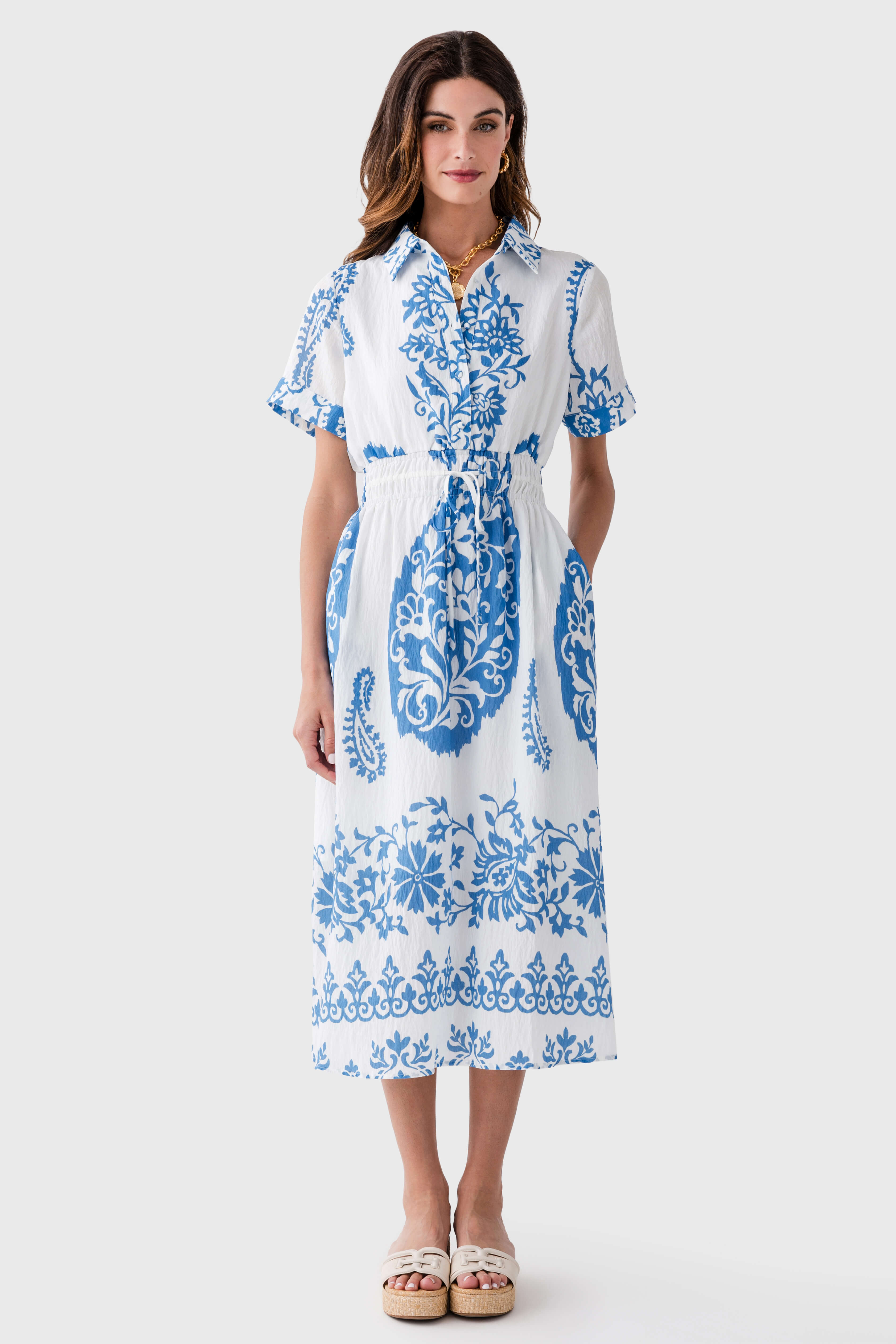 THML Collared Tie Waist Midi Dress