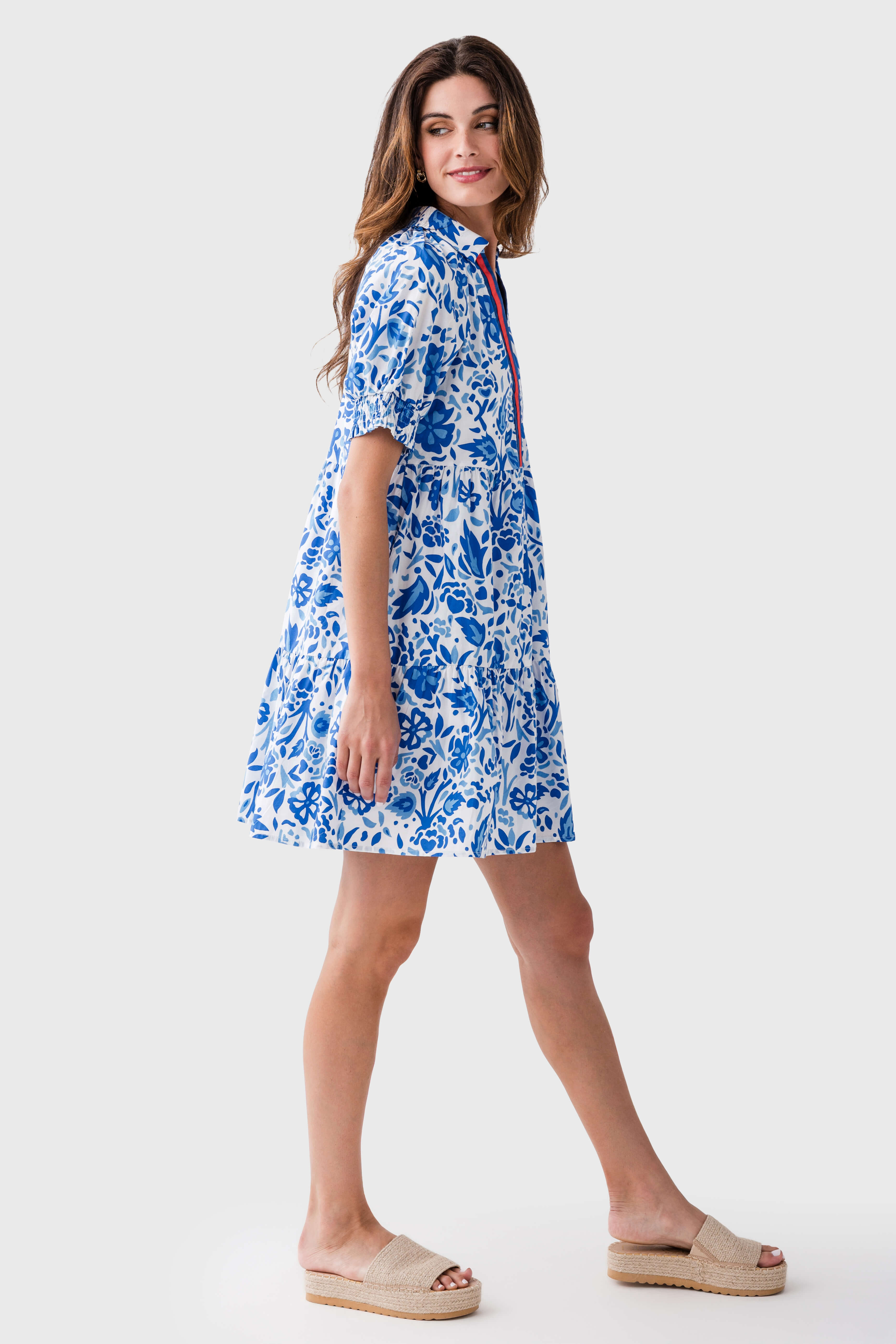 THML Flower Print Stripe Detail Tiered Dress