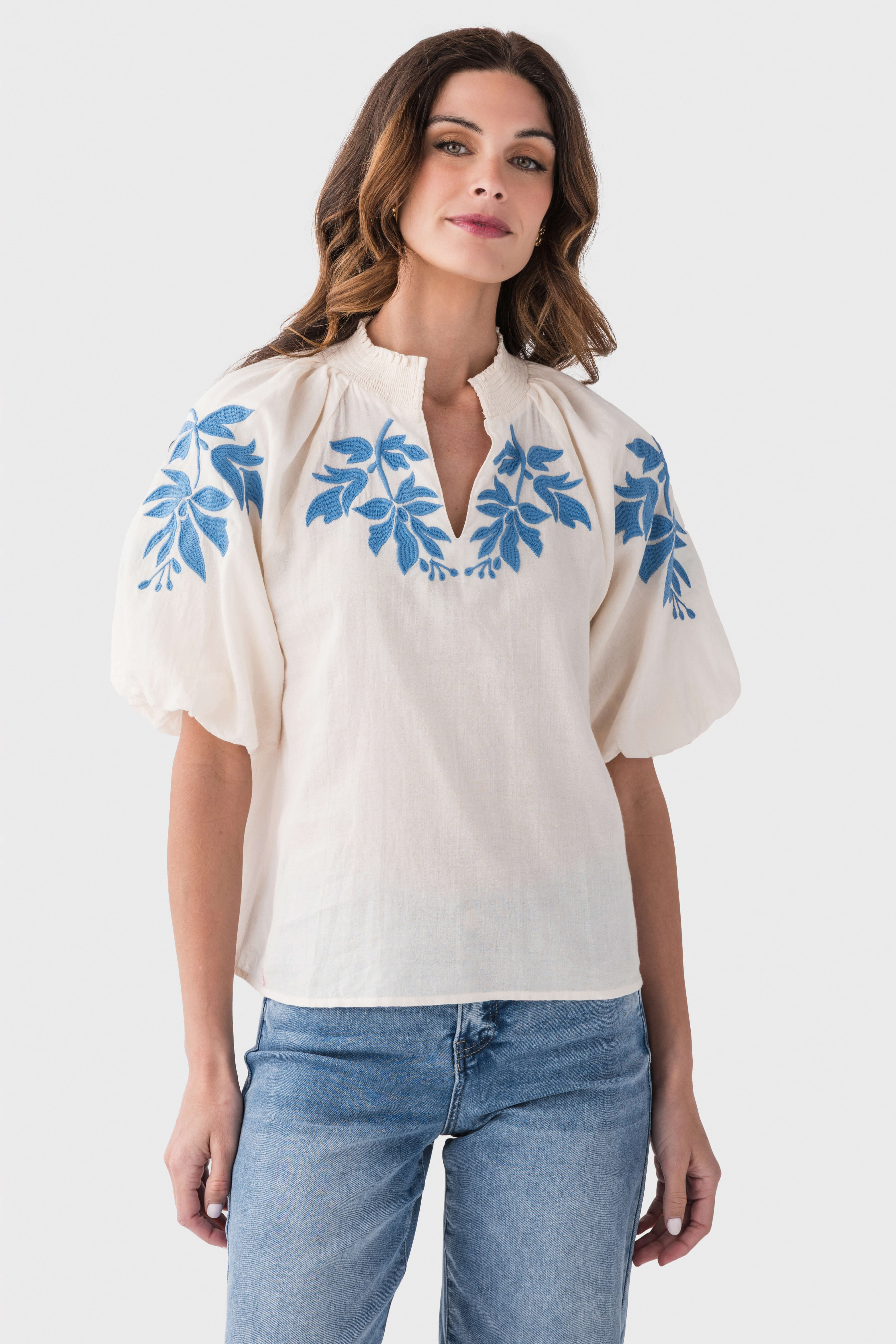 THML Yana Puff Sleeve Embroidered Top