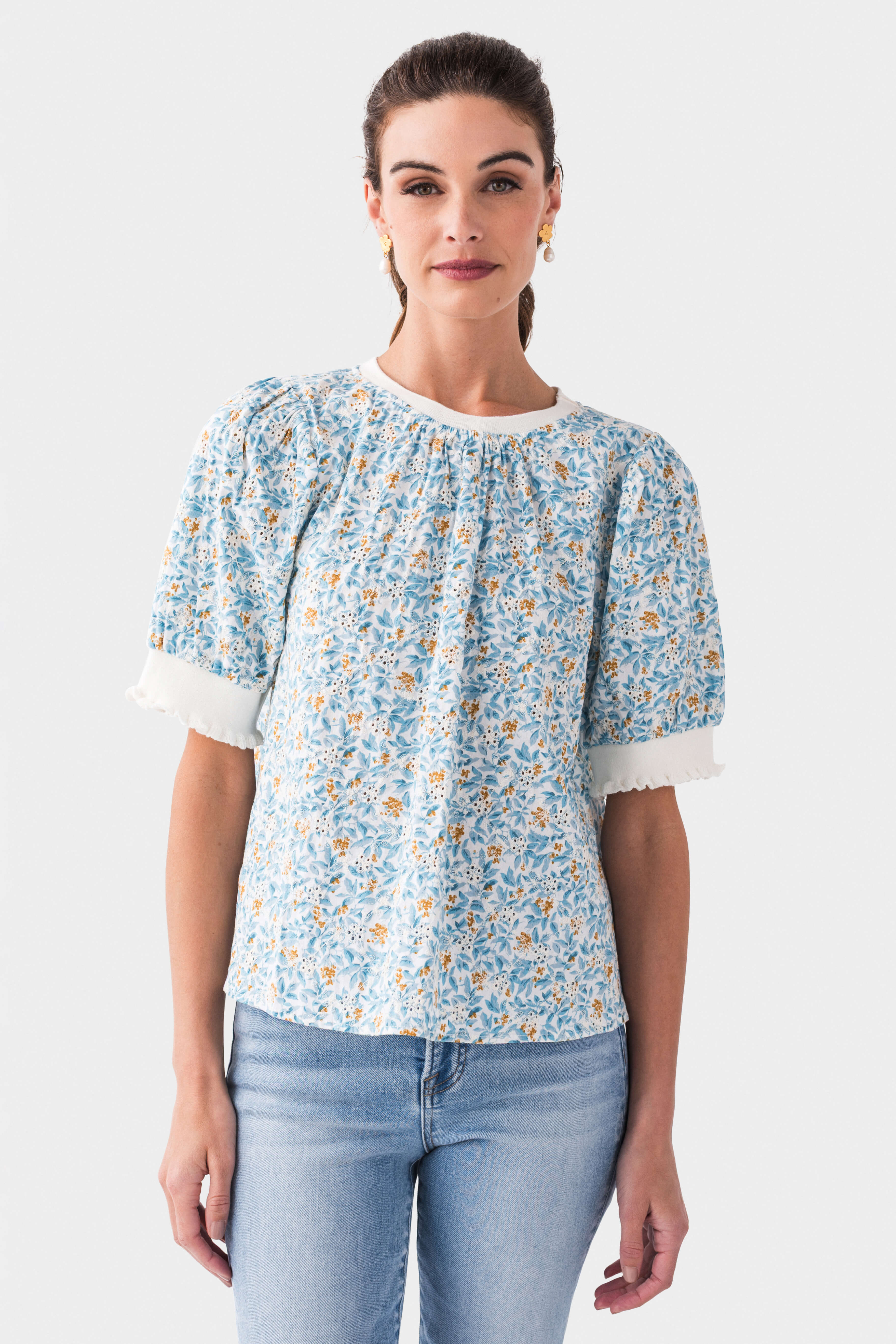 Voy Floral Print Embroidered Puff Sleeve Top