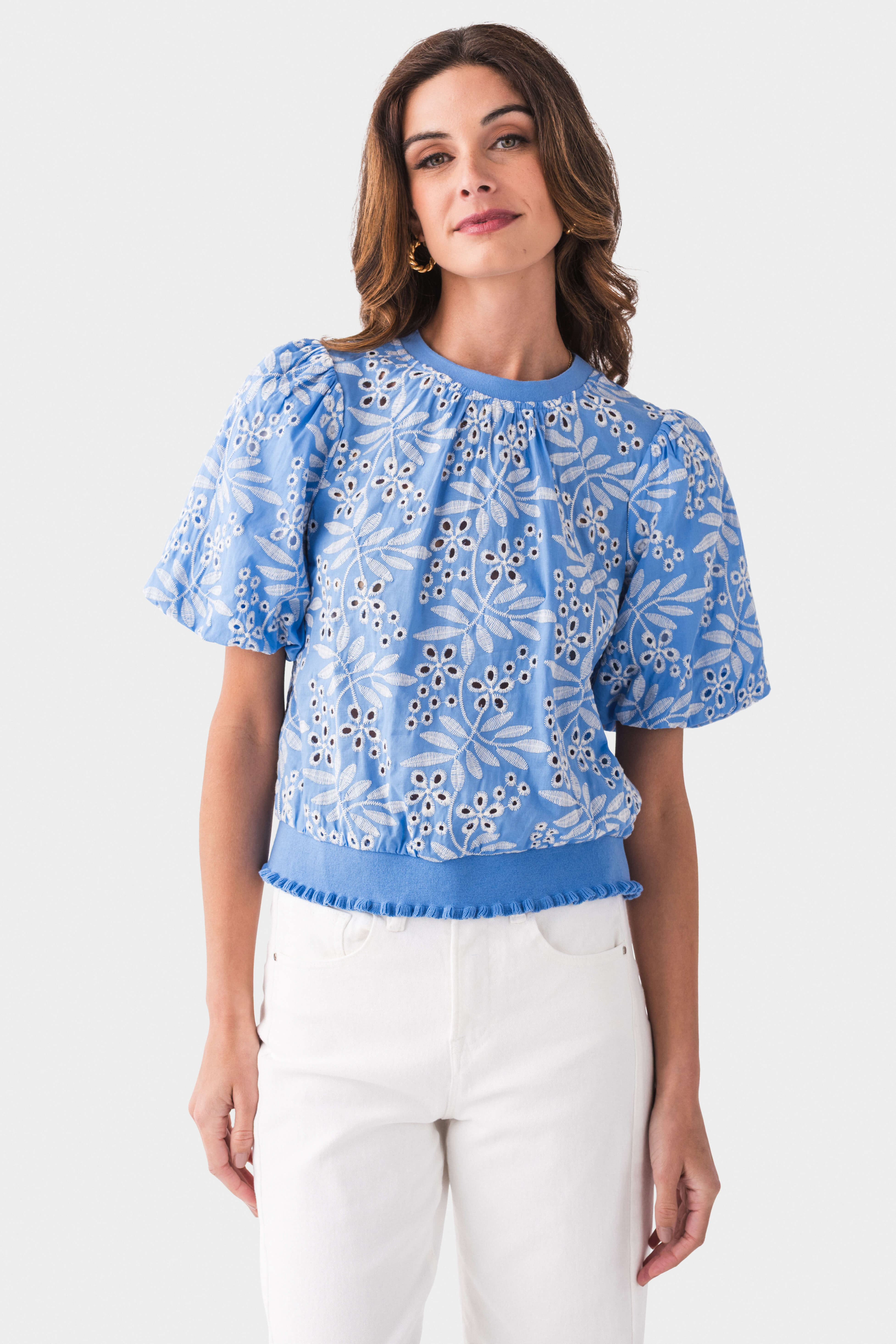 Voy Leaf Embroidered Eyelet Bubble Sleeve Top