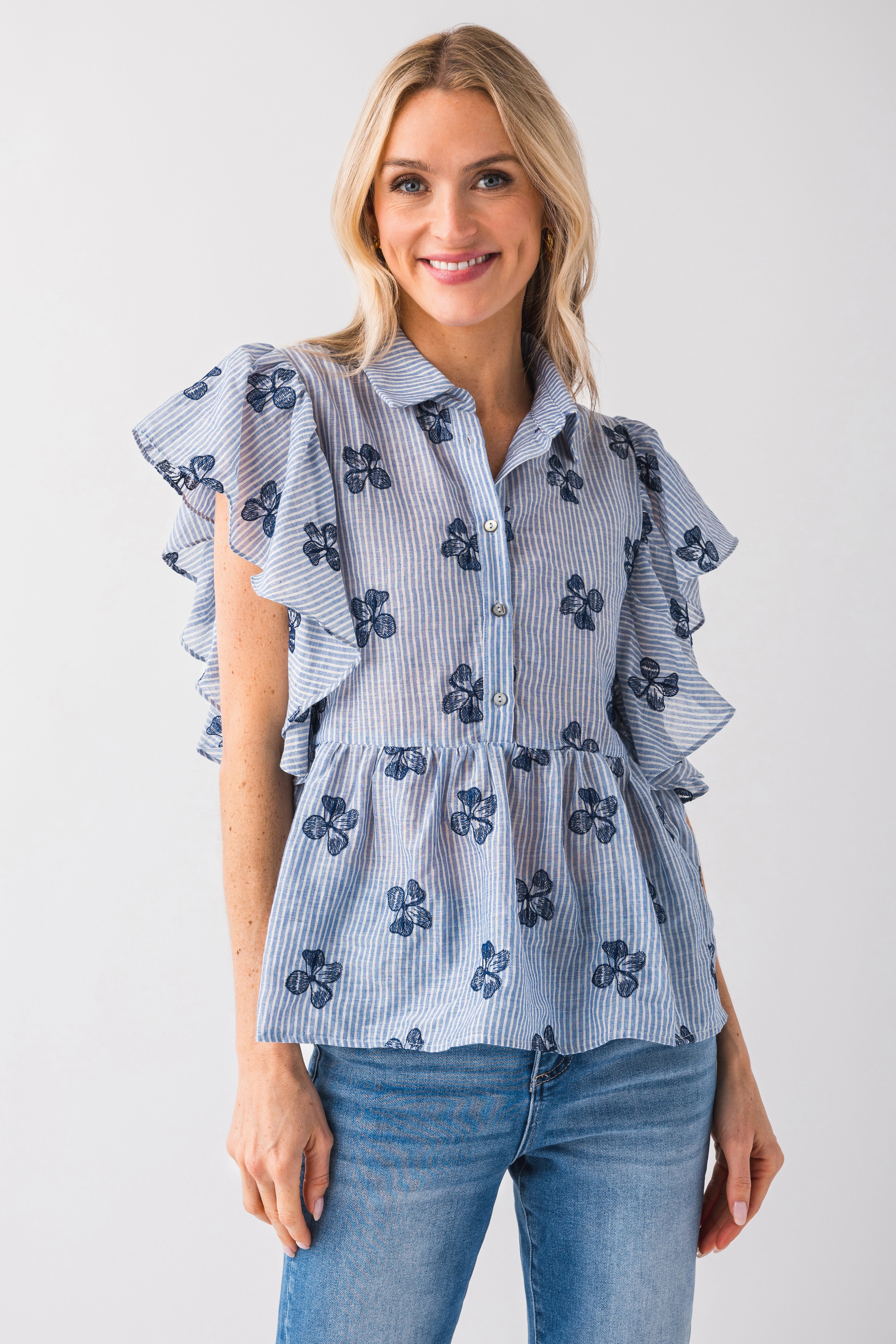 Voy Peplum Floral and Striped Ruffle Sleeve Top