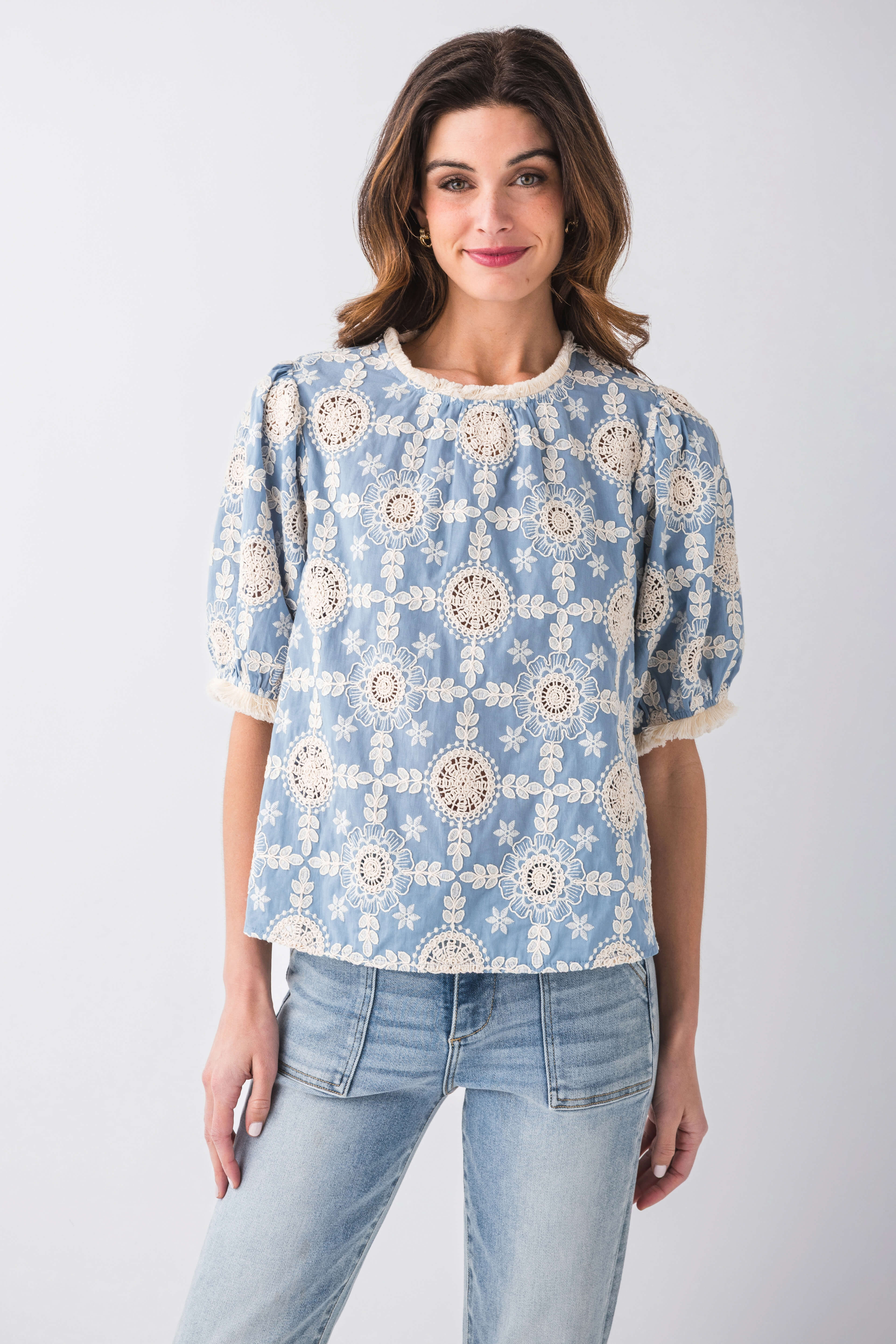 Voy Tegan Embroidered Cotton Fringe Detailed Summer Top