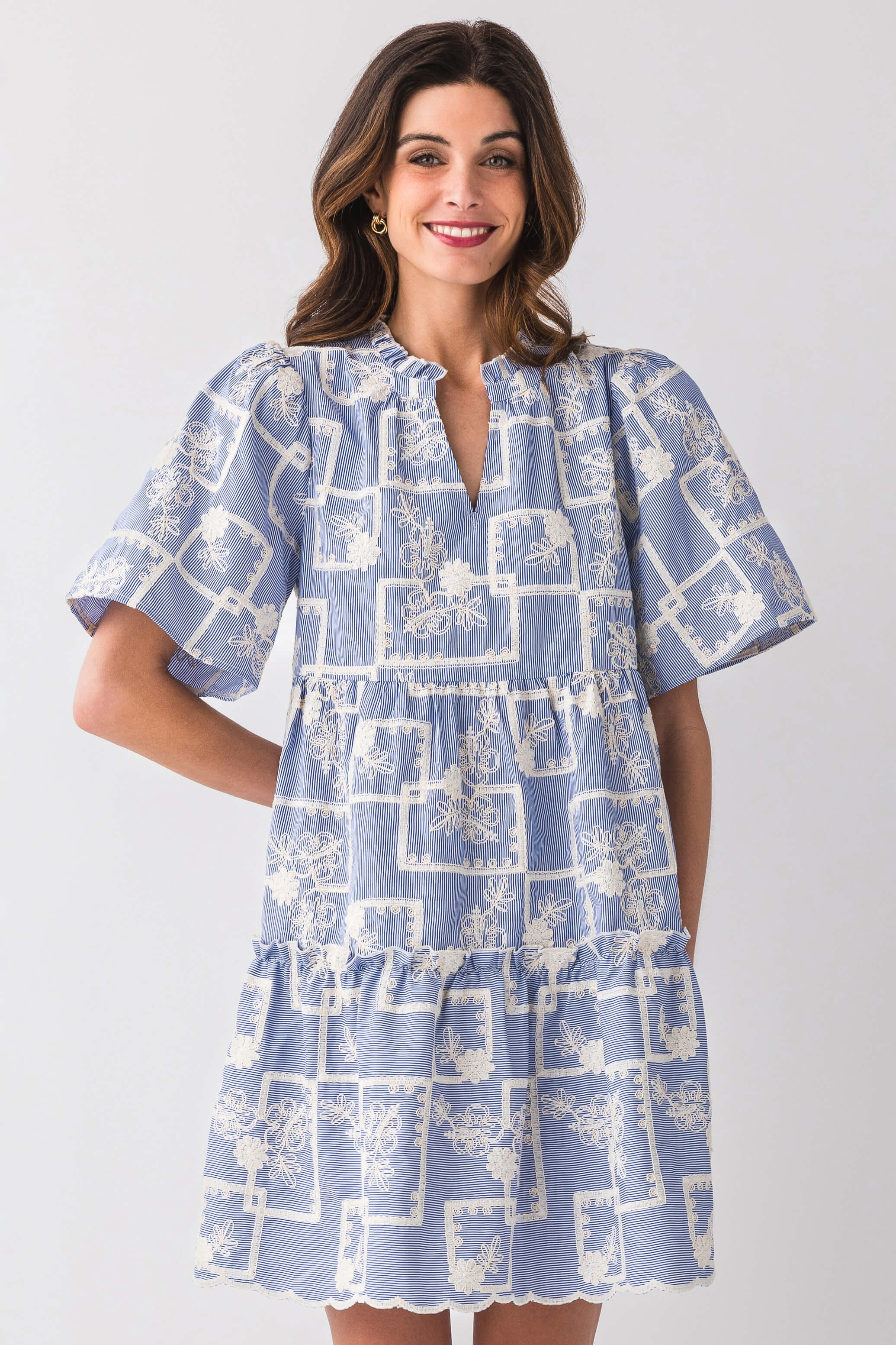 Voy Tiffany Striped Cotton Floral Embroidered Dress