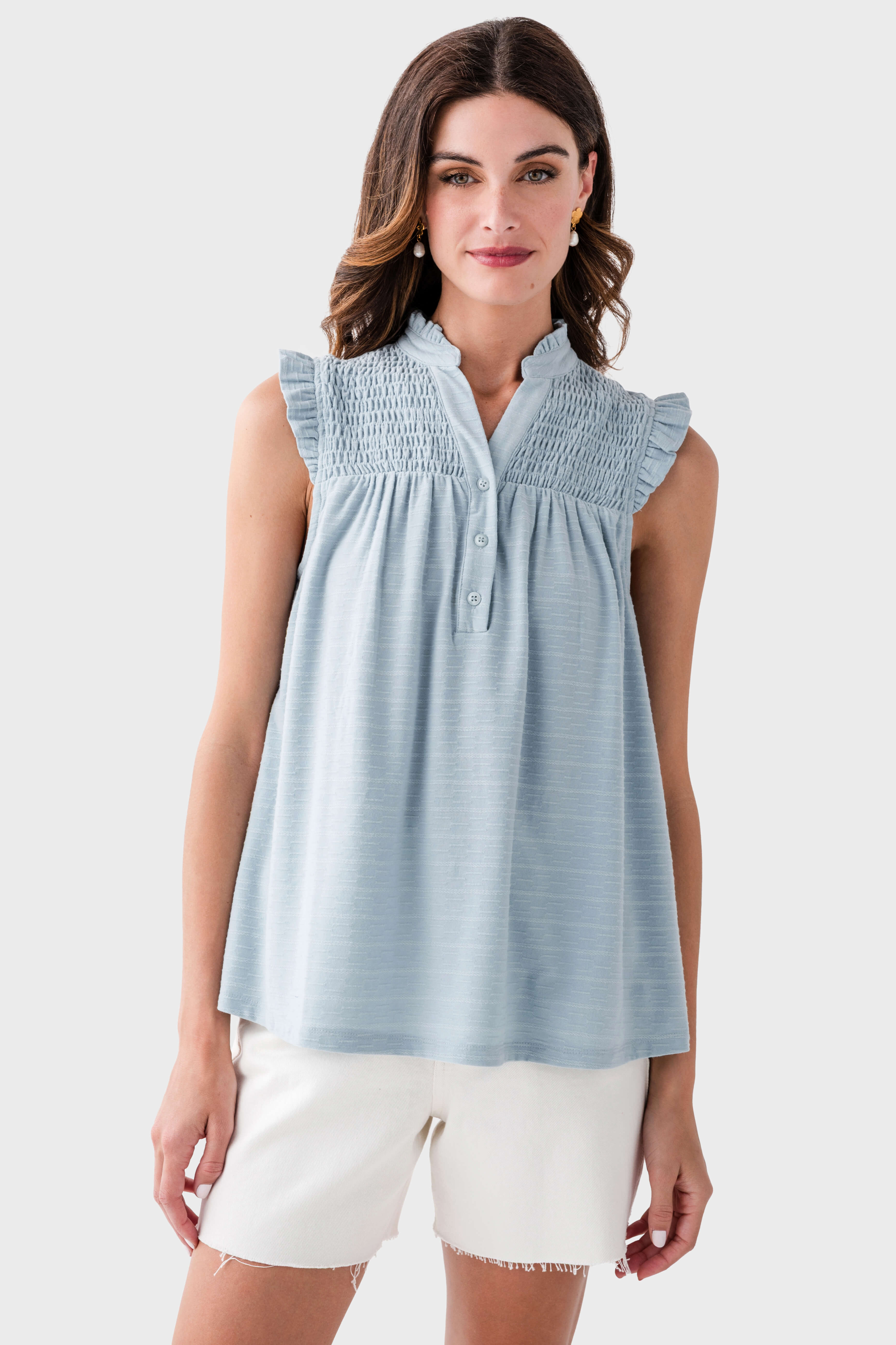 Doe and Rae Ruffle Collar Split V-neck Yoke Sleeveless Top