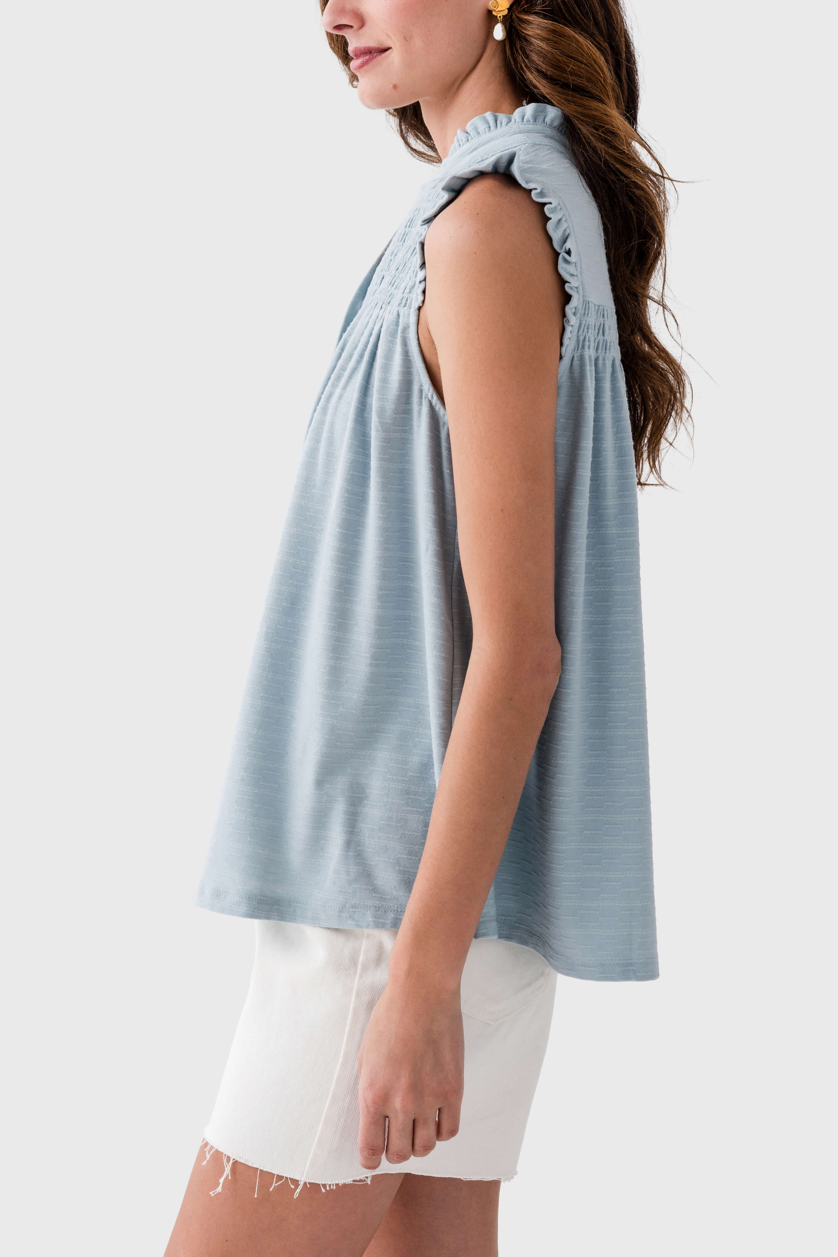 Doe and Rae Ruffle Collar Split V-neck Yoke Sleeveless Top