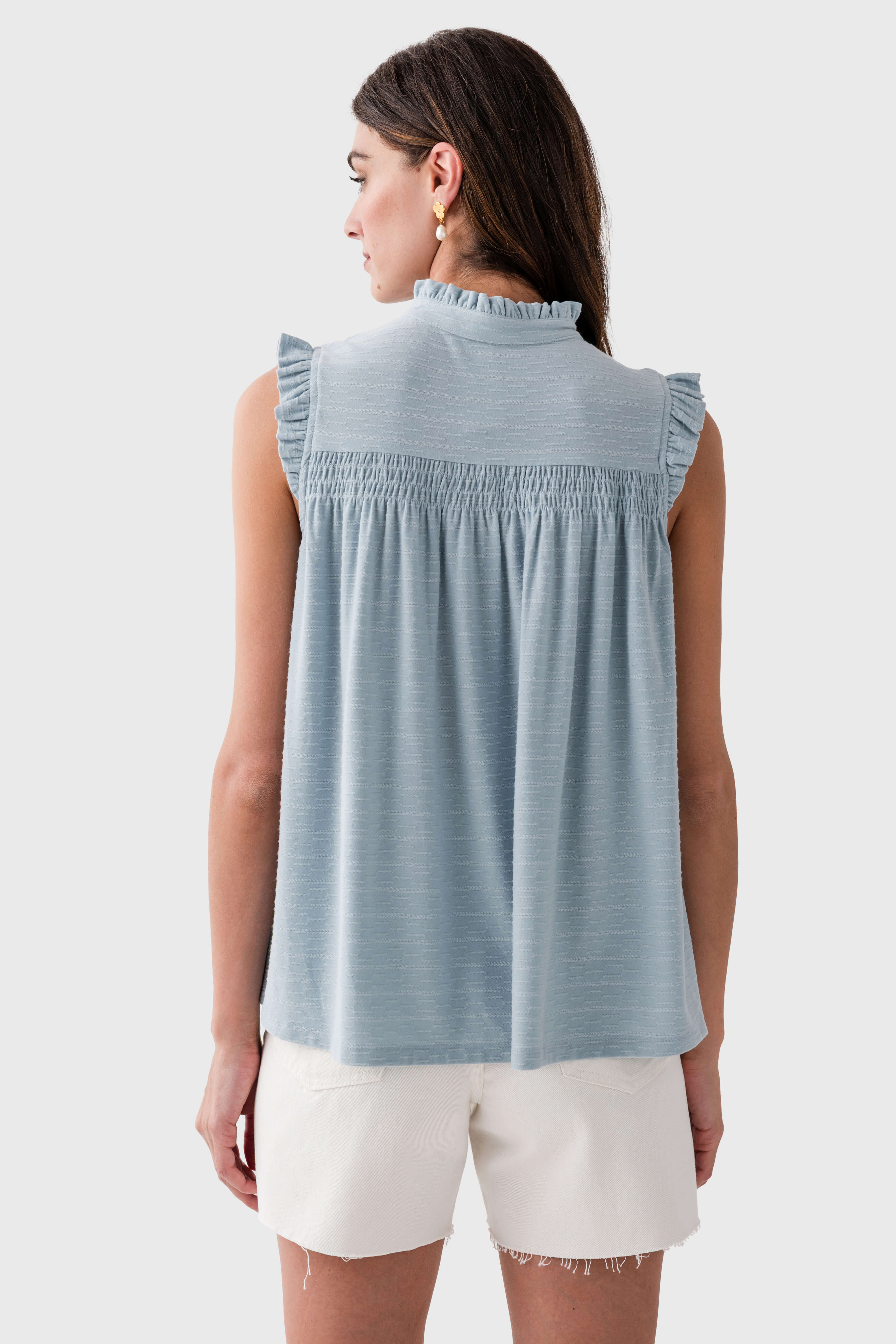 Doe and Rae Ruffle Collar Split V-neck Yoke Sleeveless Top