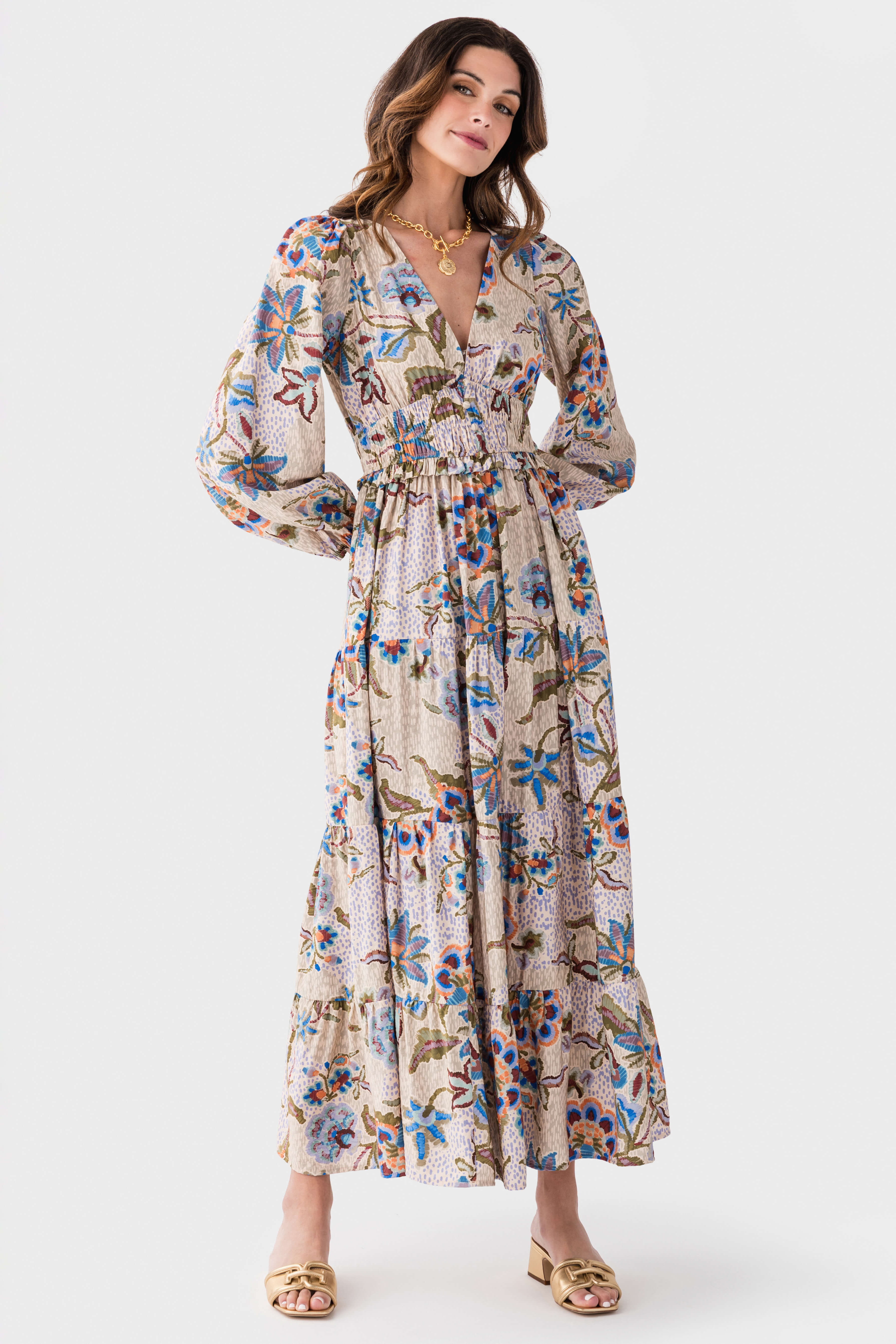 Dress Forum Barbie On The Dot Plunging Tiered Maxi Dress